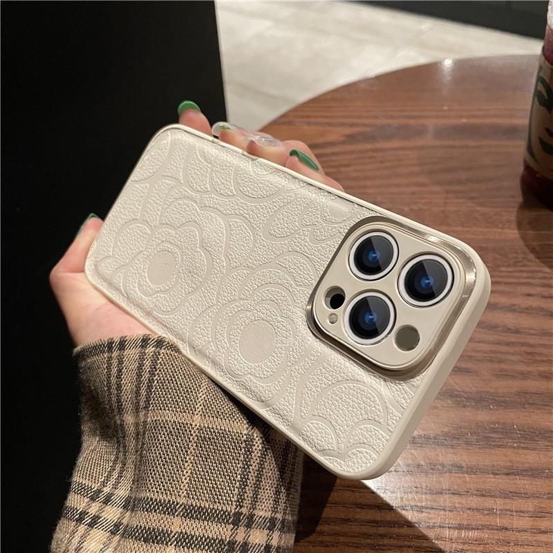Apple 17 Pro Max Camellia Leather Texture Phone Case with Metal Lens for Full Coverage iPhone 16/15 Protection
