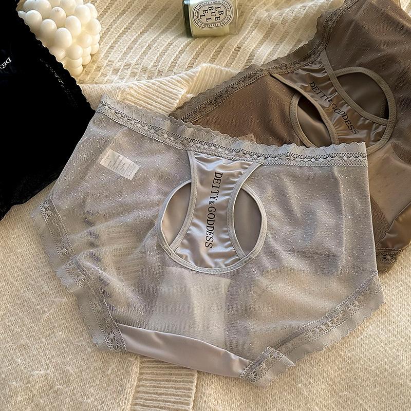 Large Size Female Light Luxury Satin Pearlescent Hollow Sexy Pure Desire To Pack Hip Mid Waist Underwear