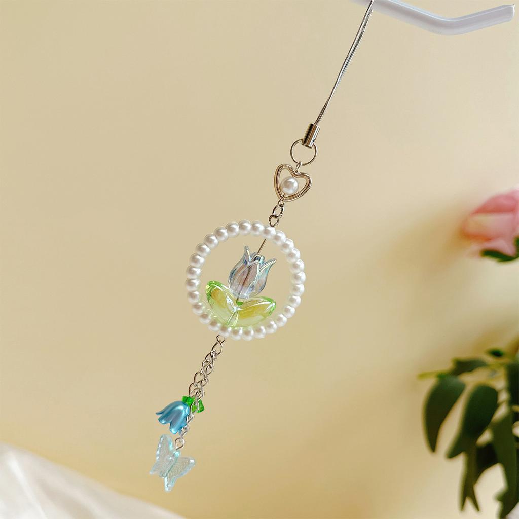 Elegant Flower Butterfly Phone Charm Beaded Keychain Acrylic Mobile Accessory Bag Pendant Keyring for Fashionable Women