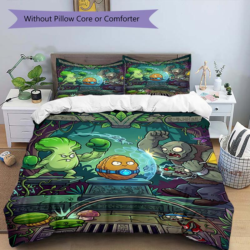 3pcs Duvet Cover Set (1*Duvet Cover + 2*Pillowcase, Without Core), Plants VS Zombies Print Bedding Set, Bedroom Decor, All‑Season, Birthday Gift