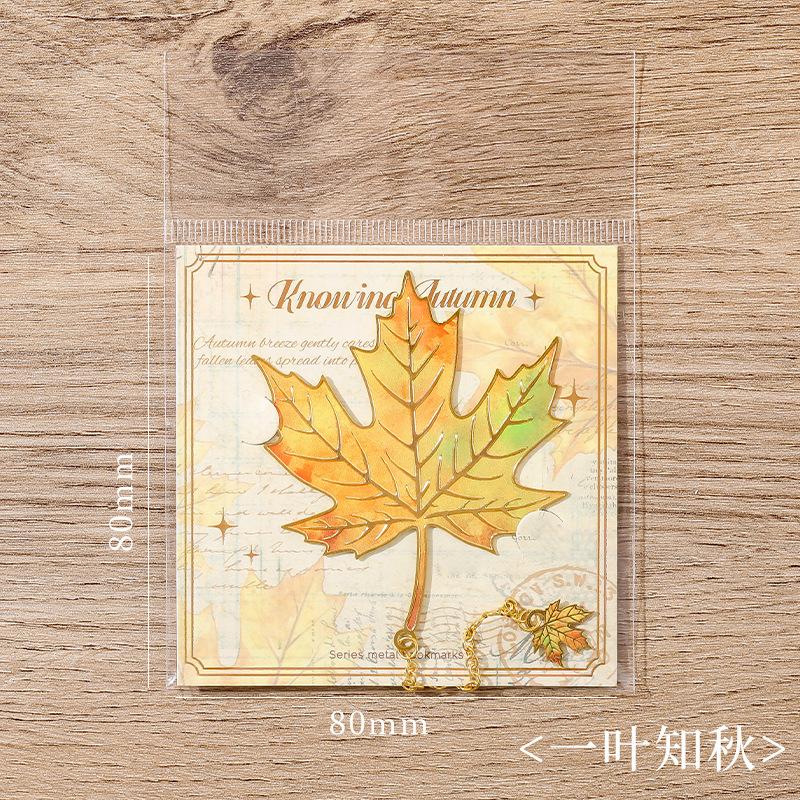 Exquisite Leaf Metal Bookmark with Metal Chain Pendant Maple Apricot Leaf Book Markers Reading Accessories Student Stationery