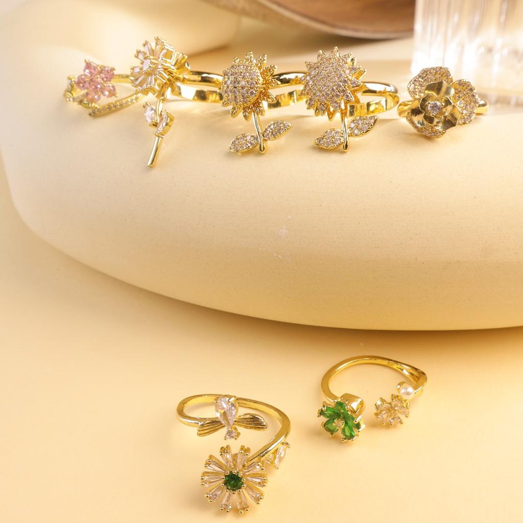 New Light Luxury Adjustable Ring Sunflower Zircon Simple, Fresh, High End Open Ring