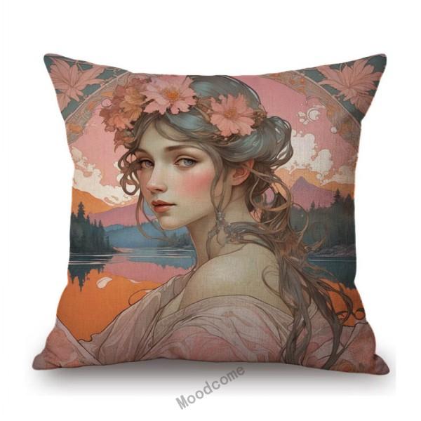 Mucha Style Floral Princess Girl Pink Purple Blue Pretty Flower Daughter Room Decoration Sofa Pillow Case Spring Cushion Cover