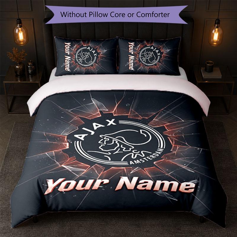 Ajax Amsterdam Custom Name Text Bedding Set 1 Duvet Cover+2 Pillowcases Soccer Logo Personalized Gift For Special Occasion Bedroom Decor