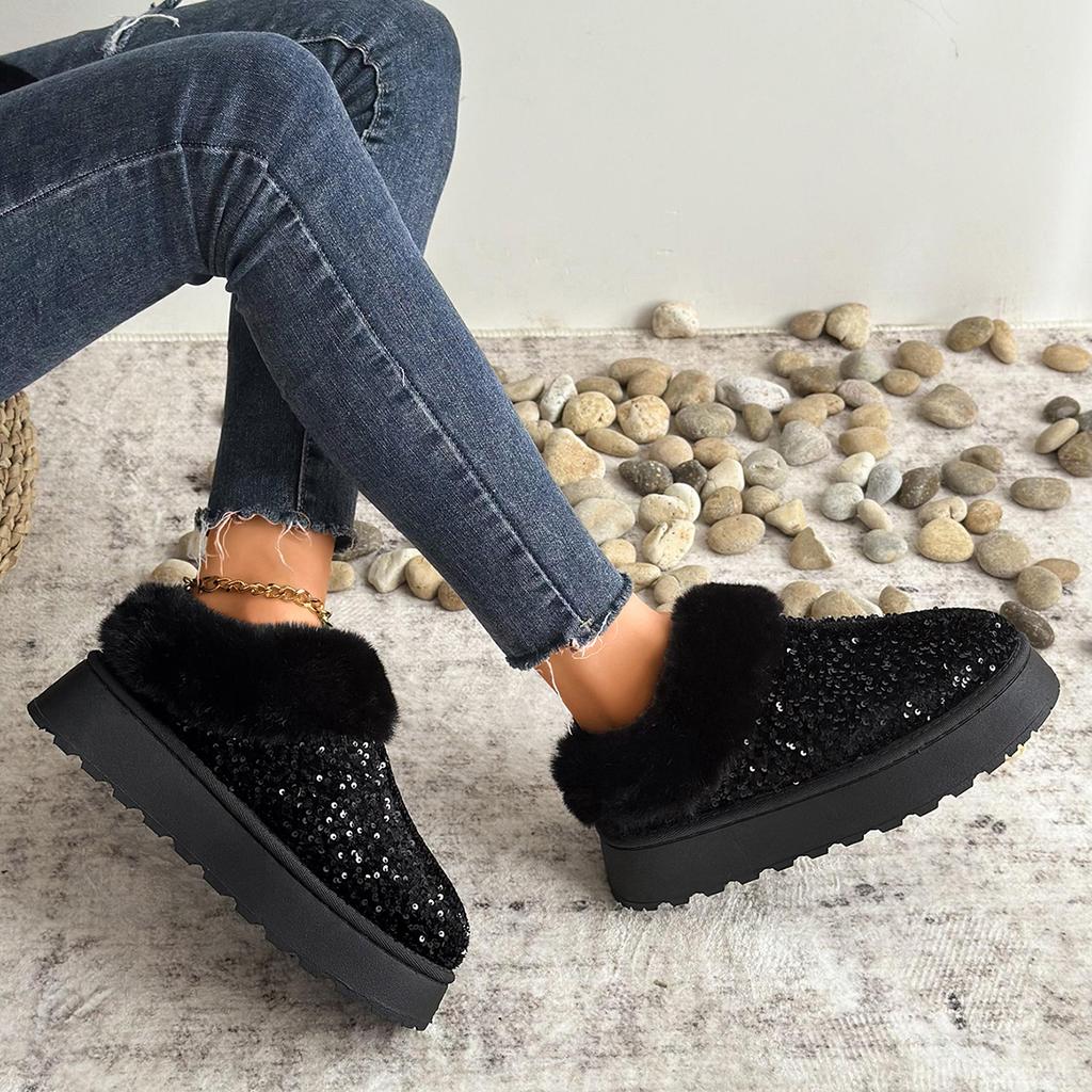 Fashion Faux Fur Winter Boots Women 2025 Fashion Shoes Sequined Cloth Warm Snow Boots Woman Non-Slip Thicken Plush Ankle Booties