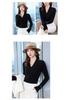Women's Black V-neck Faux Cashmere Base Layer Top - Elegant, Slimming Autumn Outerwear for Small Suits