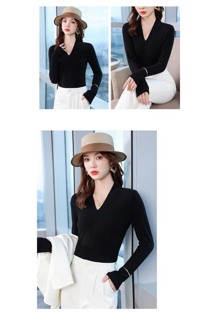 Women's Black V-neck Faux Cashmere Base Layer Top - Elegant, Slimming Autumn Outerwear for Small Suits