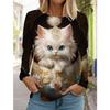 2025 Autumn and Winter Women's Long Sleeve 3D Printed Cute Cat T-Shirt, Streetwear, Round Neck Long Sleeve