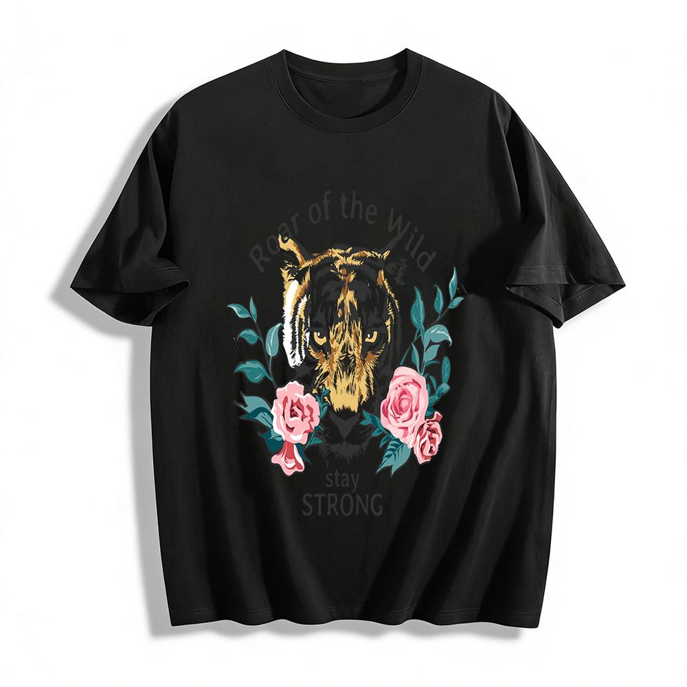 Roar of the Wild Tiger Print Tee Stay Strong Slogan Casual Top Pure cotton T-shirt XXS