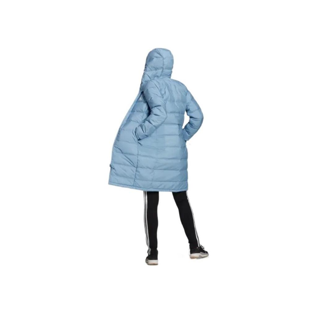 Adidas Solid Color Logo Zip Outdoor Hooded Long Warm Down Jacket Women Outerwear Blue GQ7116