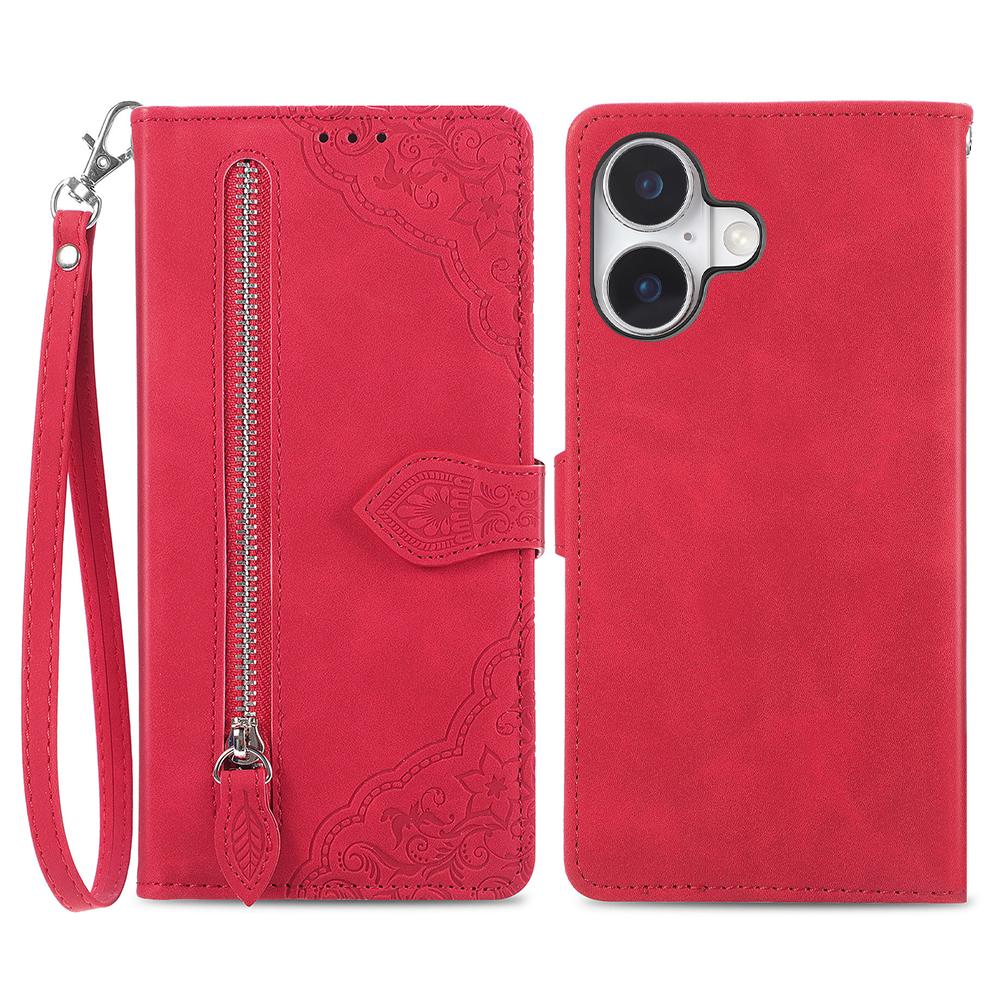

For iPhone 16 Zipper Wallet Case with Strap Flower Imprint PU Leather Phone Cover Red