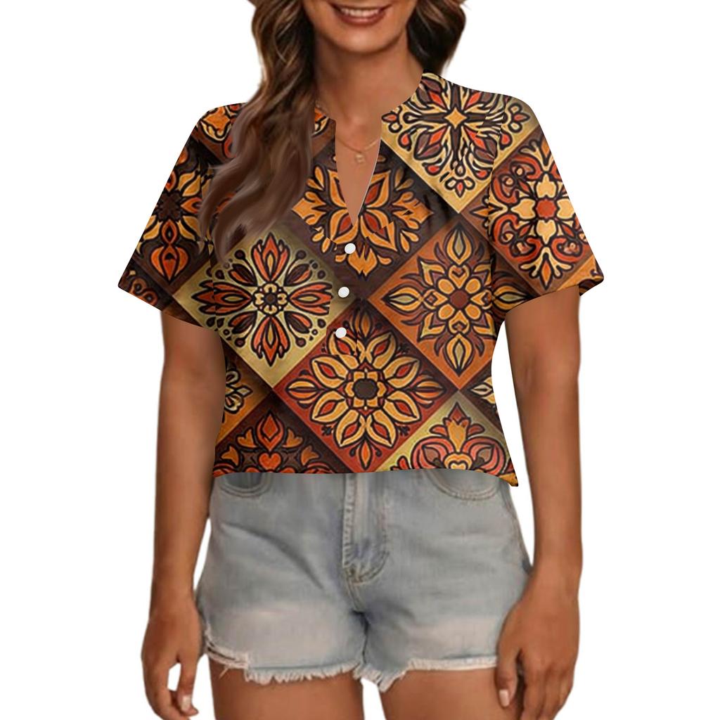 Women's Fashionable Casual V Neck Button Up Oversized Short Sleeve Printed Top