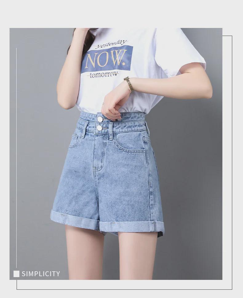 Women's High-Waist A-Line Denim Shorts - Summer Thin Style, Double Button, Loose Fit, Rolled Hem, Versatile & Slimming.