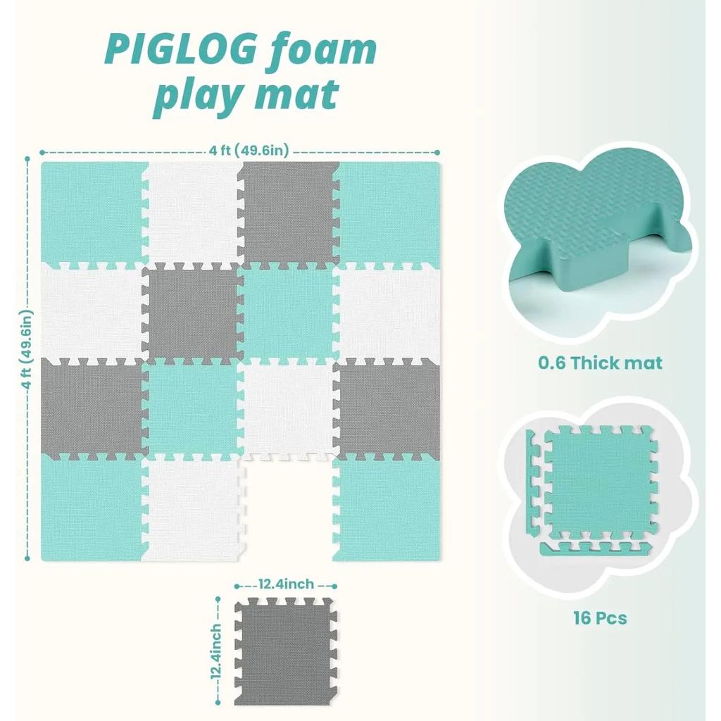 16Pcs Baby Play Mat for Floor, Foam Floor Tiles for Kids with Interlocking, Squares Foam Puzzle Carpet for Playroom