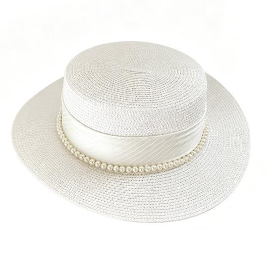 Women Sun Hat Breathable Wide Brim Flat Top French Style Straw Woven Hat with Ribbon Faux Pearls Decoration Summer Outdoor Hat