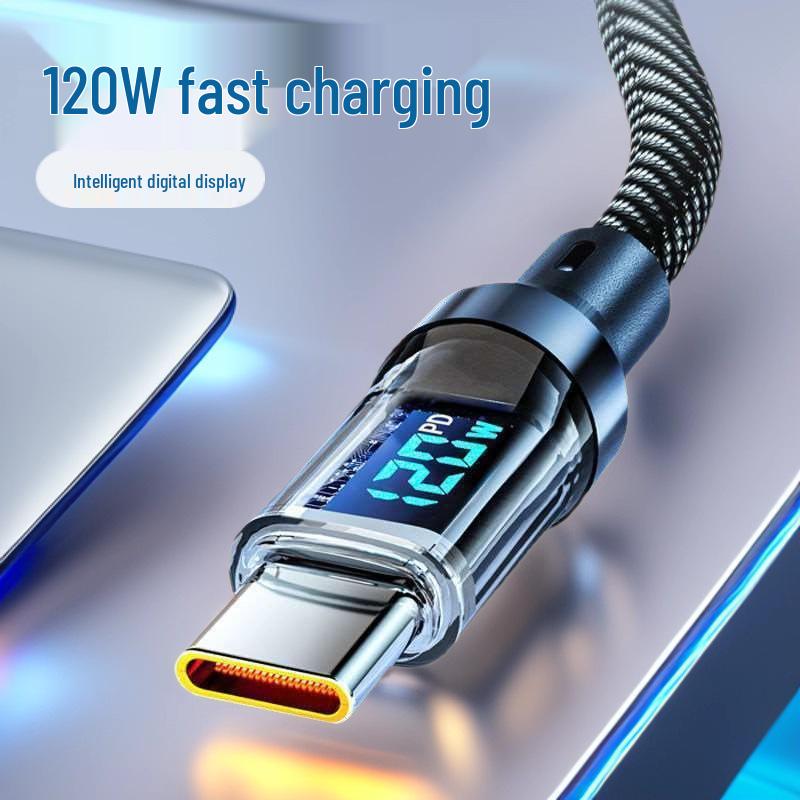 120W Dual-Head Type-C Fast Charging Cable with Digital Display for Huawei & Apple