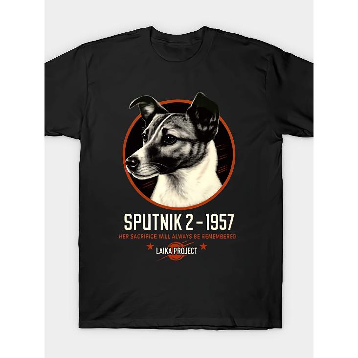 Laika Project Men s Vintage T-Shirt - Loose-Fit Retro Space-Themed with Laika Dog Print, Round Neck Casual Shirt Suitable for - Wear, Machine S
