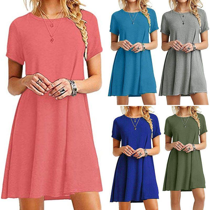 Stylish Women's Summer Tunic T-shirt Dress With Short Sleeves And Solid Colors