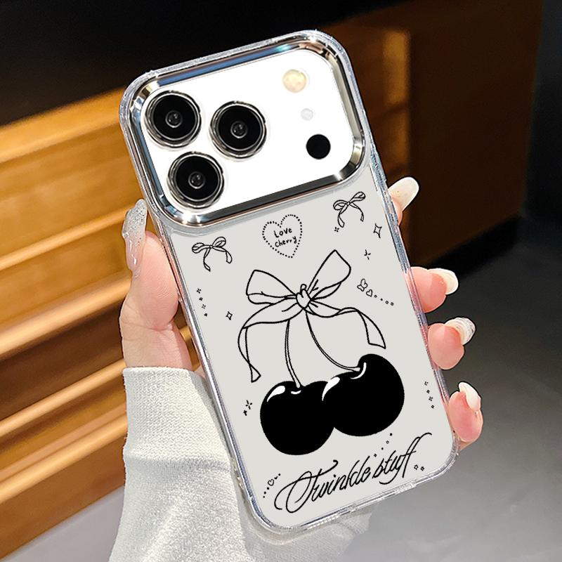 Bowknots Cherry Pattern Case For iPhone 17 Pro Max Plating Lens Frame Clear Soft Cover For iPhone 16 15 14 13 Pro Max 11 16E 17E