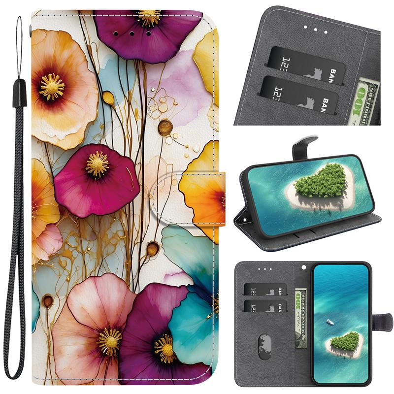 Retro Flower Case for Samsung Galaxy S26+ S25 Edge S24 Plus S23 S22 S21 FE Ultra Case Wallet Flip Stand Back Cover with Strap