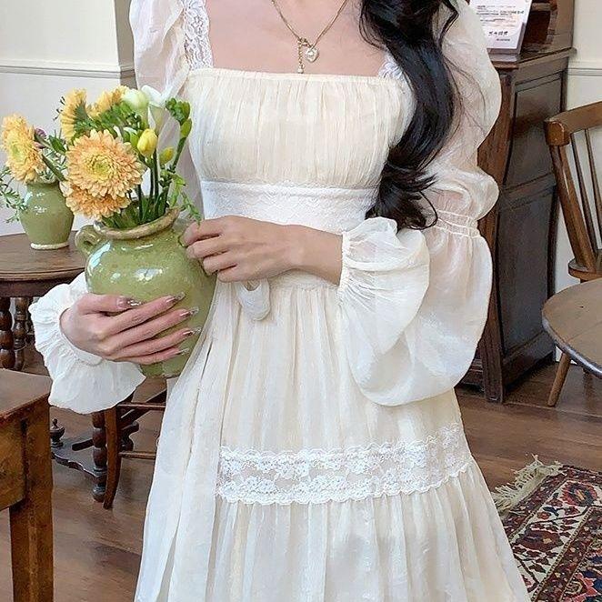 Spring Lace Square Neck Fairy Dress Elegant Waist-Cinching Slim-Fit Chiffon Long Skirt Beach Dress