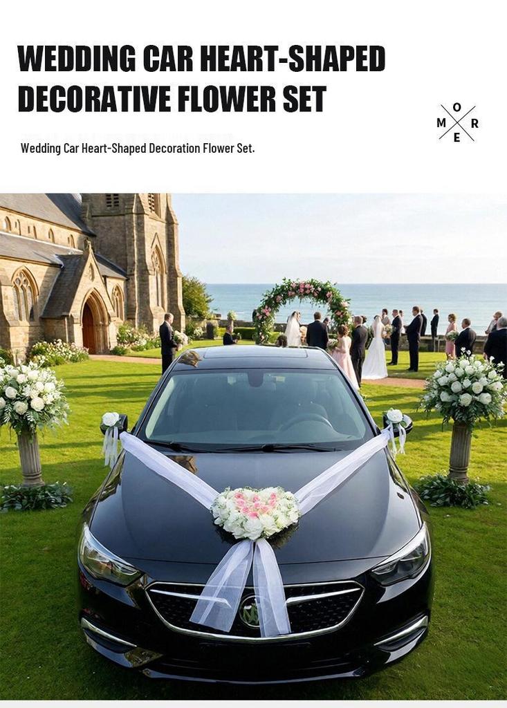 Heart-Shaped Wedding Car Decoration Set: Pink & White Artificial Flowers
