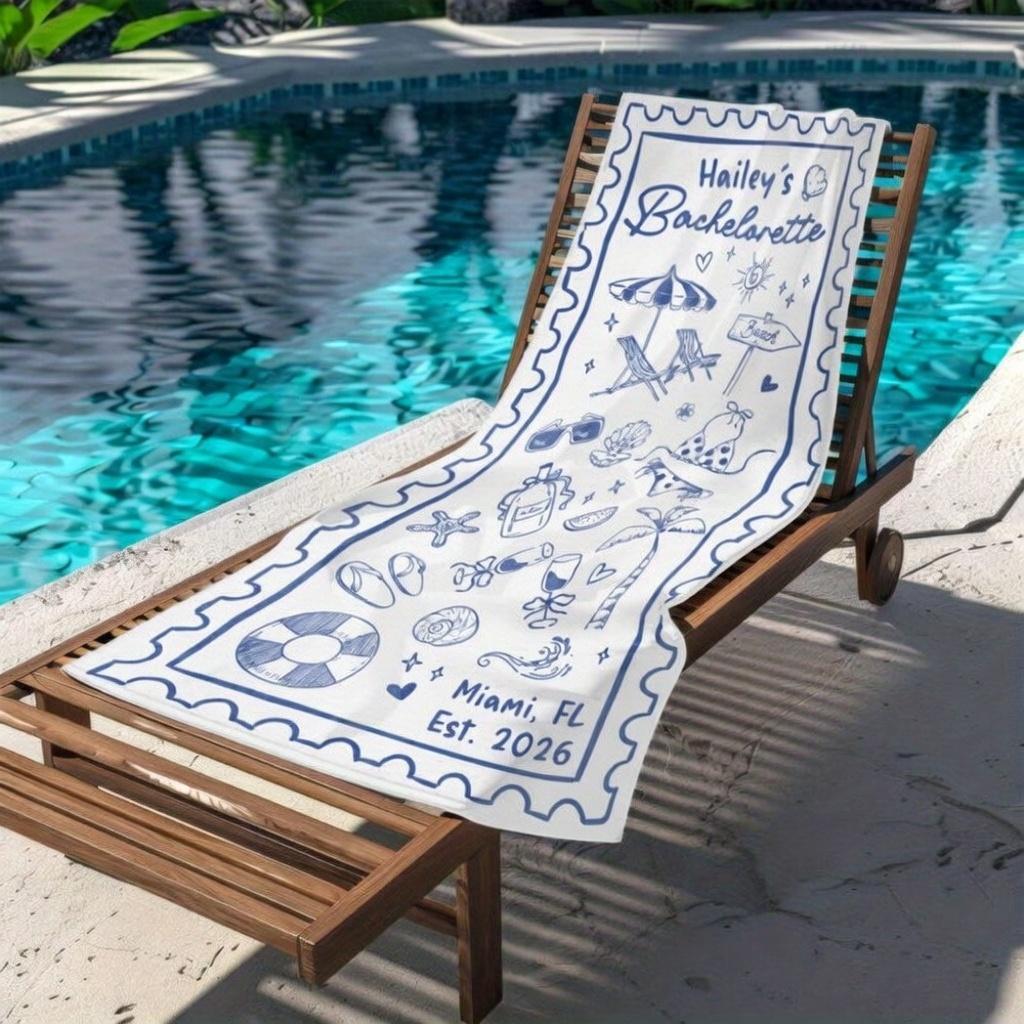Bachelorette Party Beach Towel, Hand Drawn Doodle Flat Print, Summer Pool Party Decor, Custom Gift for Bride Bridesmaids