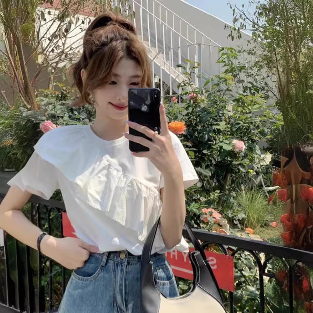 Fashion T-shirt Short-sleeved Summer Dress Front Shoulder Loose Ruffle Edge Slim and Thin High Pressure Niche Ins Top New
