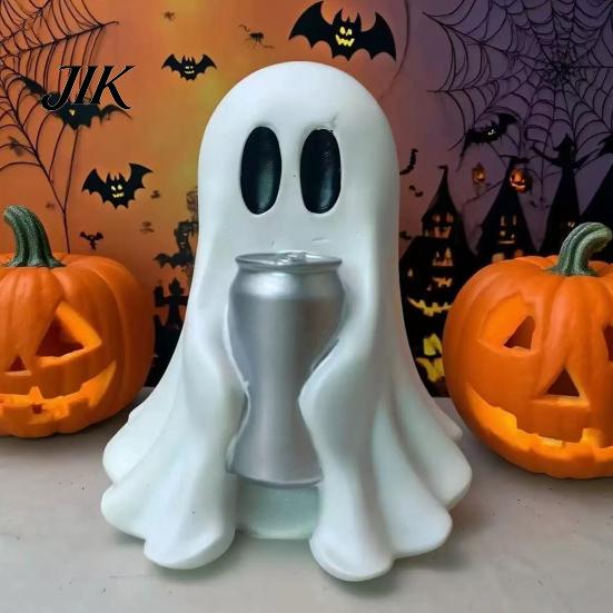 Festive Desk Decorations Halloween Ghost Figurine with Drinks, Resin Statue, Cute Spooky Desktop Small Figures for Gifts Ornament Party Tabletop