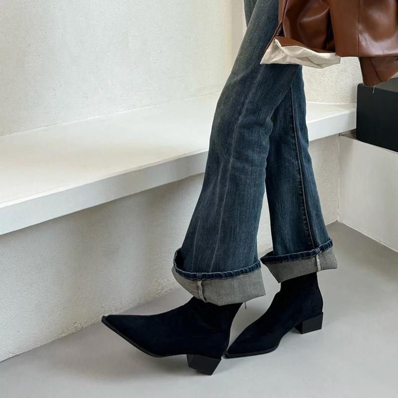 Ghete Moderne de Damă de Designer, Glezniere la Modă cu Vârf Ascuțit, Botine Scurte, Pantofi Casual de Damă cu Toc Gros