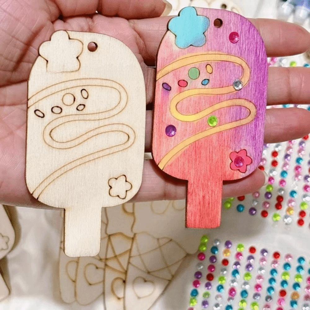 Handmade Ice Cream Graffiti Kit Wooden Ice Cream Pendant Hand Drawn DIY Graffiti Set Decorations