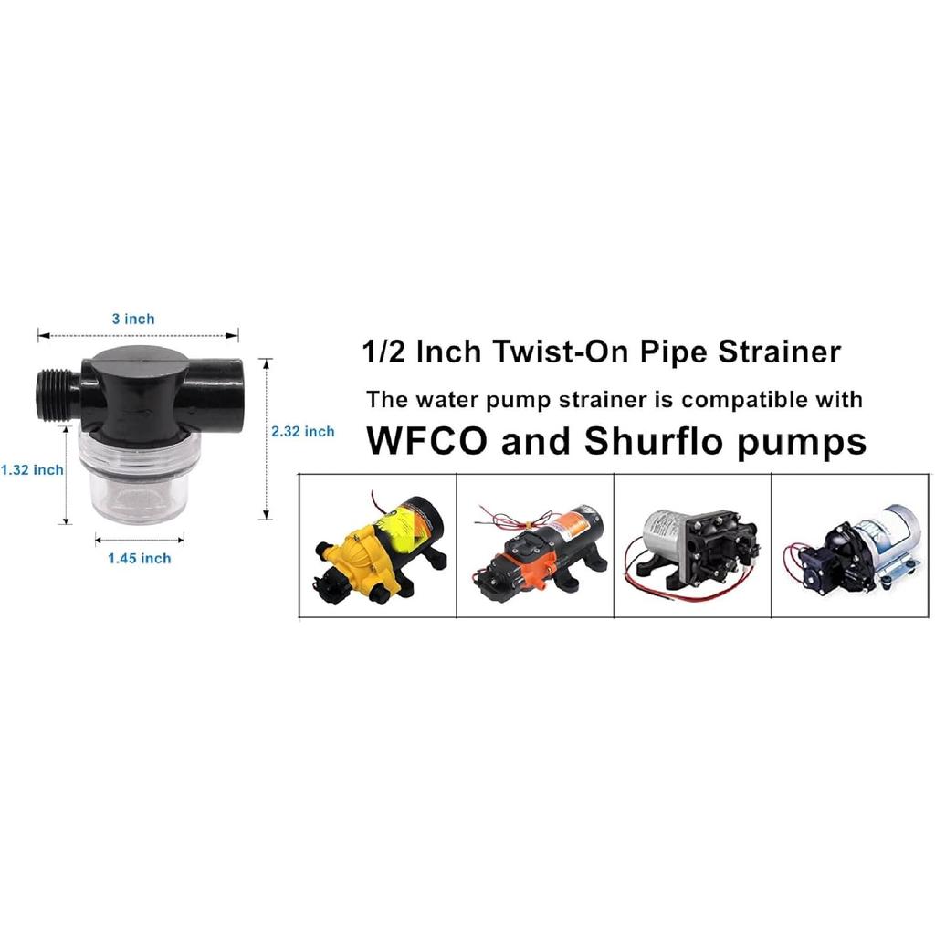 Twist-On Pipe Water Pump Strainer,RV Water Pump Filter Compatible With Shurflo Or Wfco,1/2" Npsm Inlet/Outlet With 80 Mesh Stainless Steel Filter