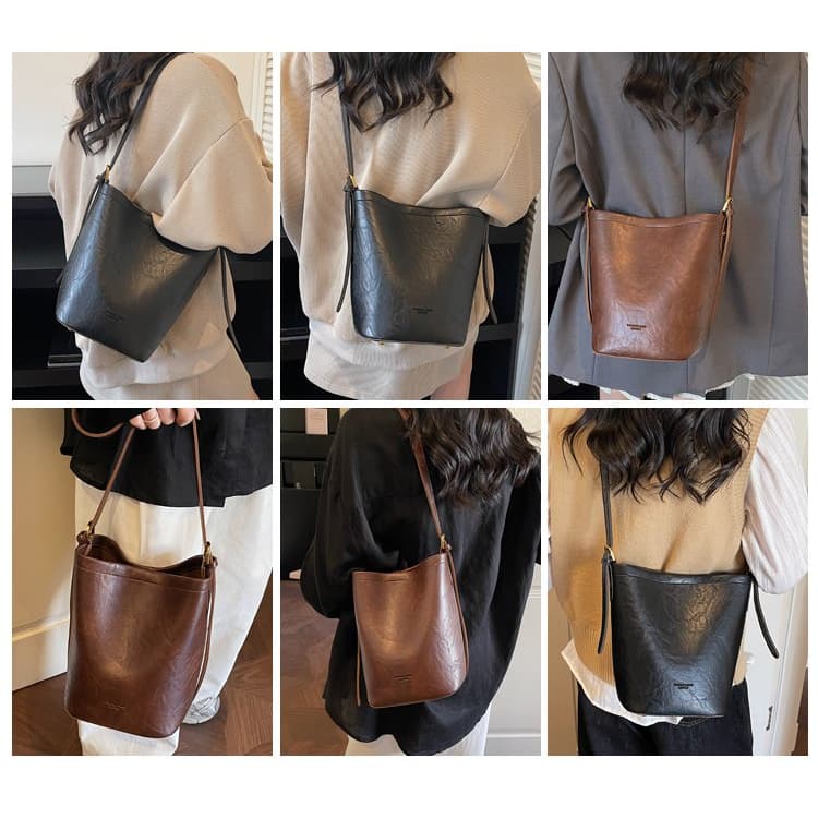 Retro Texture Bucket Bag Women's Shoulder Messenger Bag