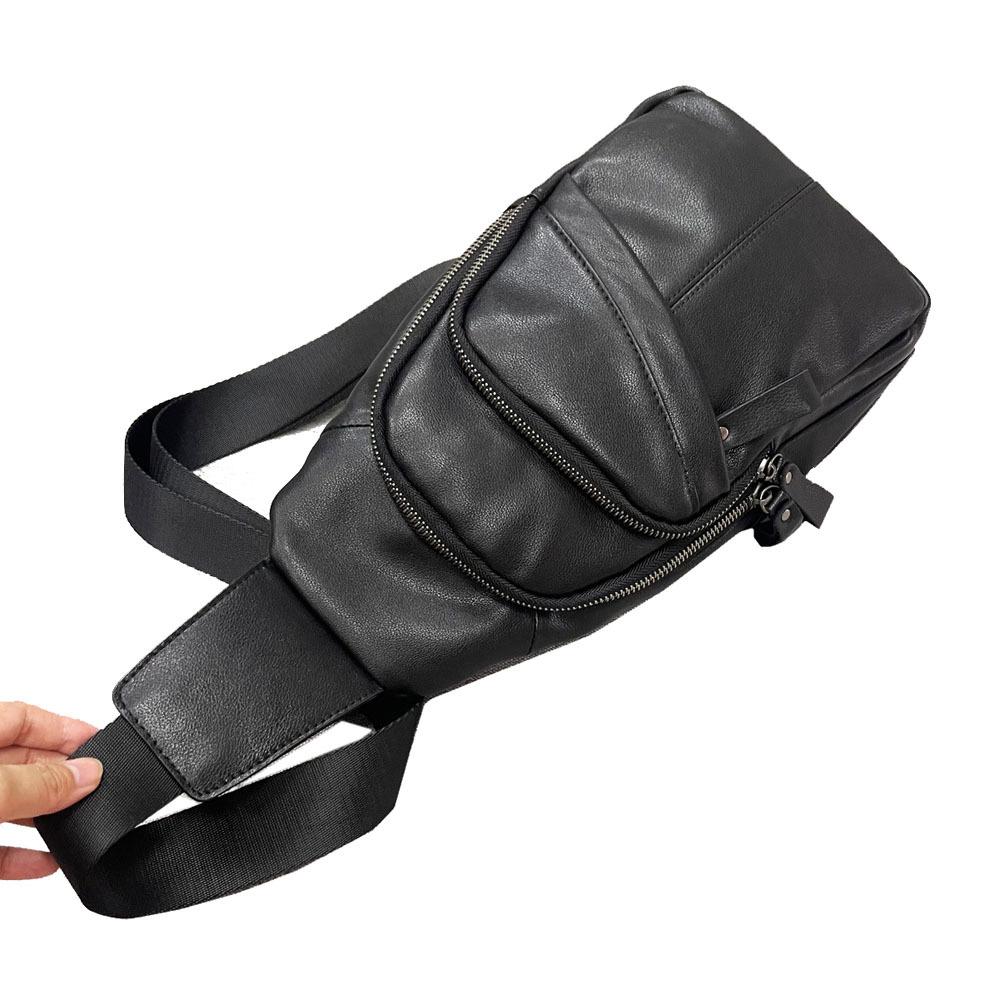 Men'S Breast Bag, Genuine Leather Men'S Bag, Casual Small Shoulder Bag, Large Capacity Messenger Bag, Black Cowhide.