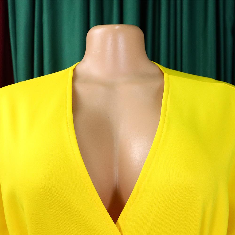 Large Size Women Summer Fashion Solid Dress Ladies Sexy One Piece V Neck Slit Dress with Belt