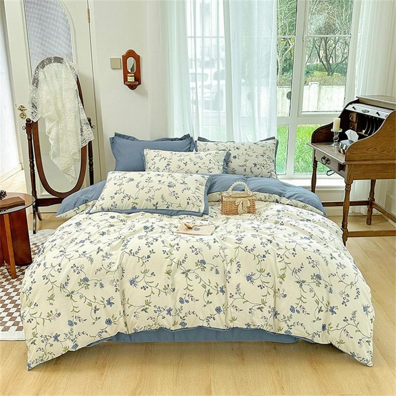 Floral Duvet Cover Queen Vintage Plaid Patchwork Bedding Set Boho Farmhouse Reversible Comforter Cover for Girls Women 4pcs Set