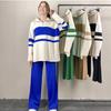 Women's Oversized Sweater Set Striped Zip-Up Top Wide Leg Pants Casual 2 Piece Outfit