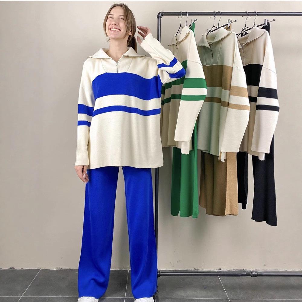 Women's Oversized Sweater Set Striped Zip-Up Top Wide Leg Pants Casual 2 Piece Outfit