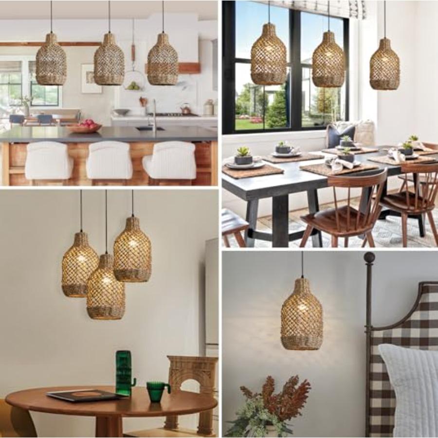 Mini Rattan Pendant Lights Set of 3 Boho Wicker Hanging Fixtures 7.9 Seagrass Rattan Chandeliers for Dining Room Kitchen Island