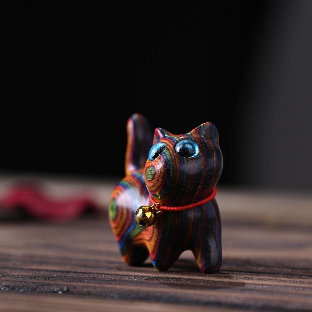Hot Cute Colored Wooden Cat Ornaments Rainbow Wood Carving Cat Sculptures Small Cat Model Ornaments Desktop Office Accessories