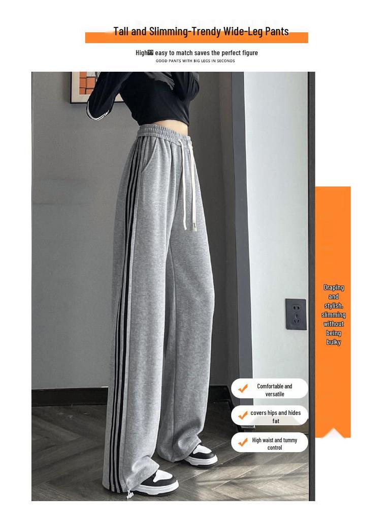 Women's High-Waist Drawstring Wide-Leg Sweatpants, Grey Fleece-Lined with Three Stripes - Spring, Autumn, & Winter Casual Floor-Length Draping Style.