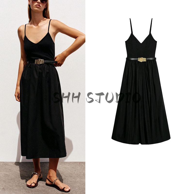 Summer New Women Clothes Sexy Style V-neck Sleeveless With Belt Patchwork Sling Midi Dress 1165065