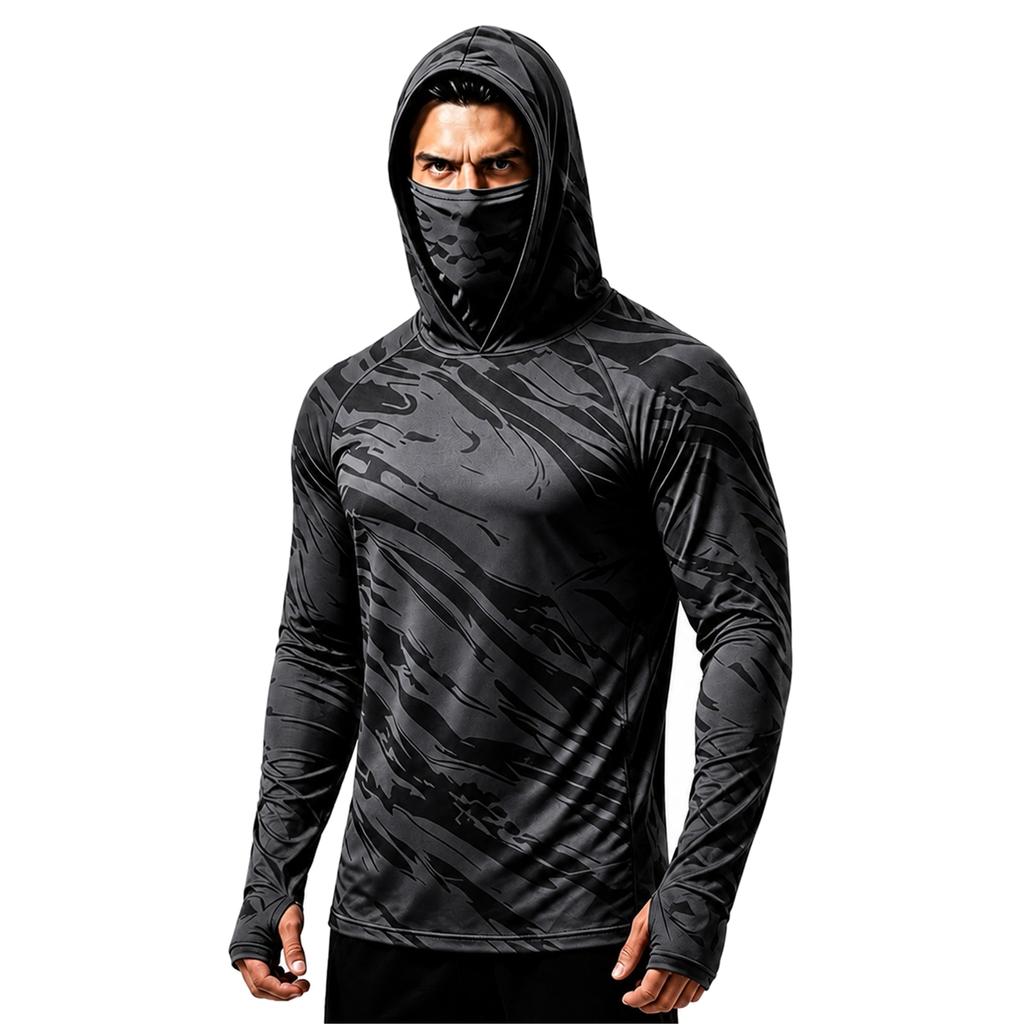 Men's Sports Fishing Hoodie with Built-in Face Long Sleeve Printed Stretch Running Training Shirt