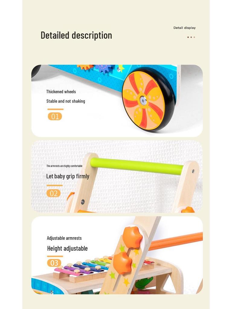 Baby Wooden Push Walker with Building Blocks, Xylophone, Puzzle, and Matching Toys