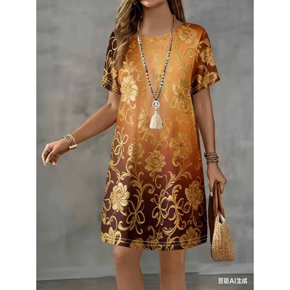 

Colorful gradient printed women s dress, summer short-sleeved round-neck casual skirt XL