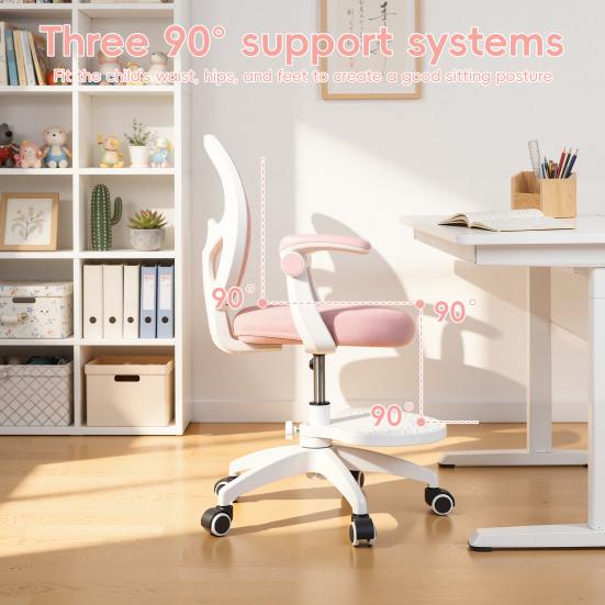 Silla Ergonómica de Estudio para Niños con Reposapiés Ajustable y Reposabrazos abatibles, Malla para Ordenador Infantil Oficina, Giratoria 360 grados para Habitación de Casa Dormitorio Sala de Estudio