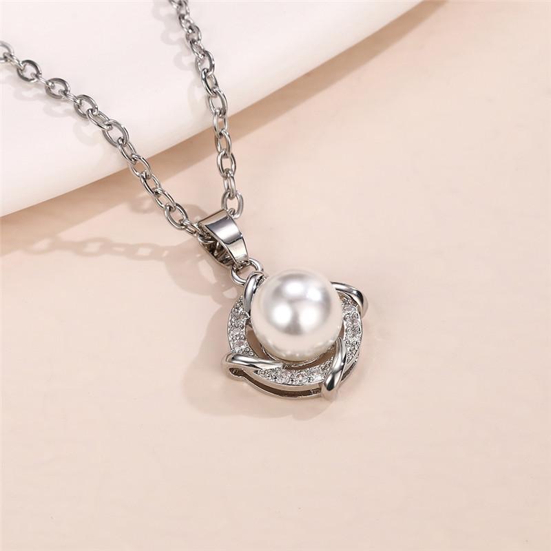 Rose Gold Plated Simulated Pearl & CZ Pendant Necklace, Delicate Cable Chain Necklace for Women
