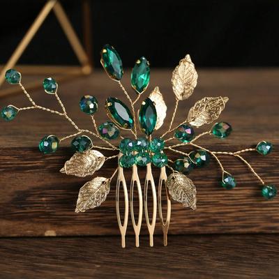 Handmade Leaf & Crystal Side Comb Hair Accessory for Bridal Wedding Party Royal, School Stuff, College