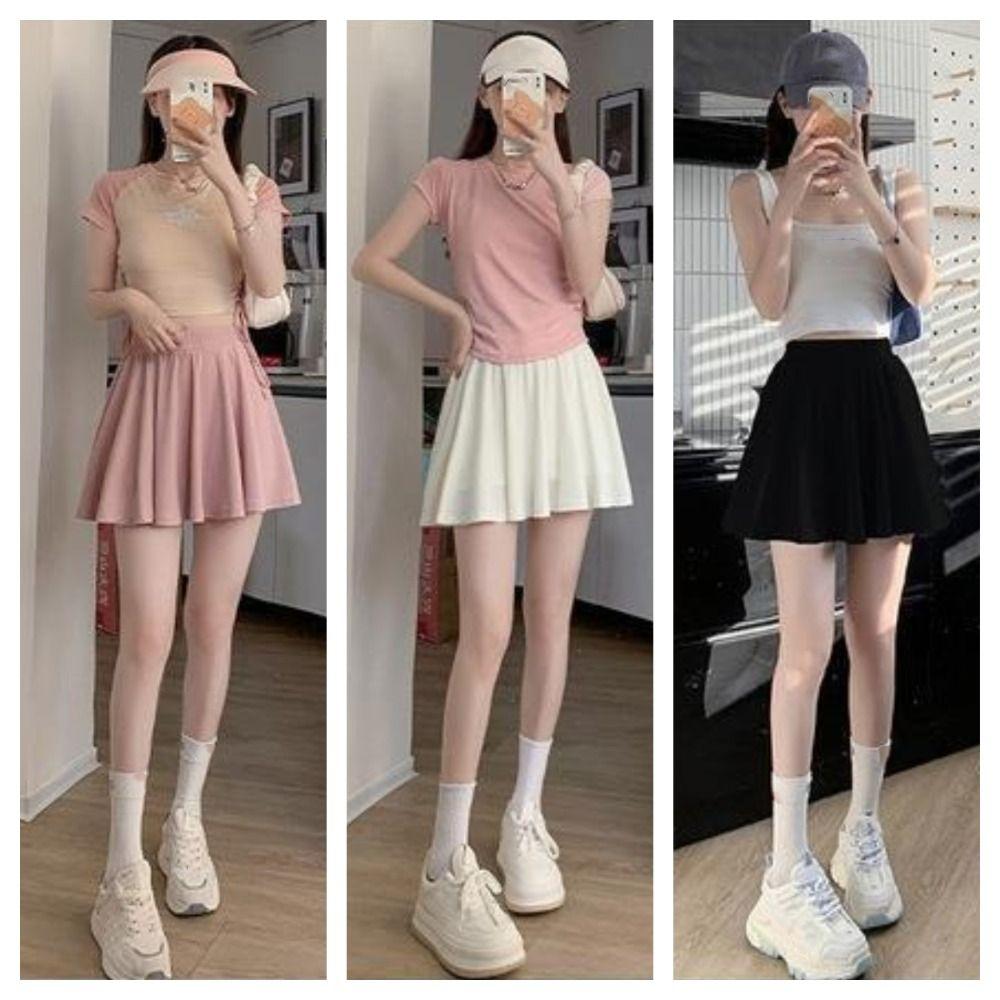 Elastic Waist Skirts with Safty Pants Ice Silk A-line Mini Skirt Simple Pleated Skirts Women  Girls