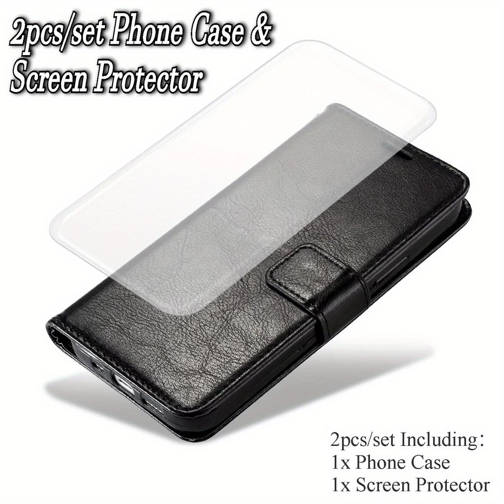 Flip PU Wallet Leather Case + Tempered Glass Screen Protector for Samsung Galaxy S25 Edge S24 Plus S23 Ultra S22 S21 S20 FE Card Holder & Kickstand